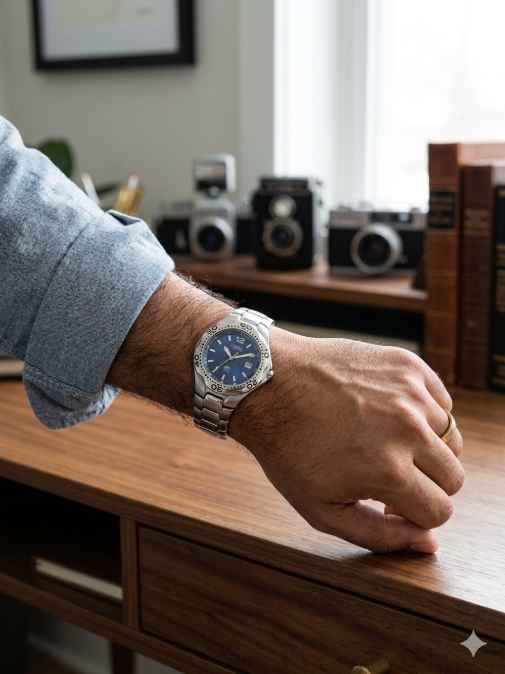 Vintage Fossil Blue Watch AM3421 Y2K Blue Dial Diver Style Men's EUC